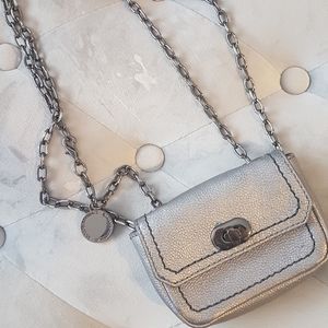 Banana Republic silver mini purse on a long chain